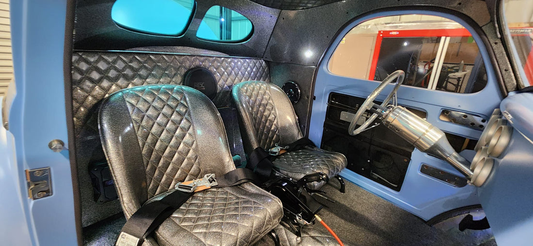 Radical 1941 Willys Street Rod with Custom Charcoal Metalflake Stitch Freak Seats | Custom Car Interior